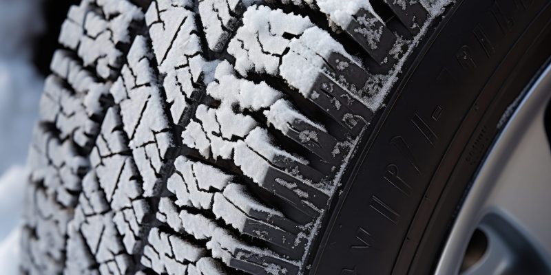 Close-up of quality winter tire covered in snow and frost