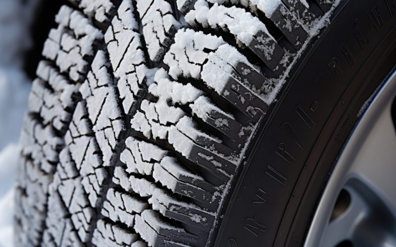 Close-up of quality winter tire covered in snow and frost